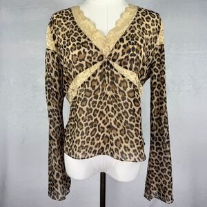 Moda International Y2K Boho Glam Fairy Grunge Leopard Silk Lace Mob Wife Top M